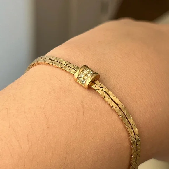 Vintage Christian Dior Rhinestone Pavé Double Layered Gold Chain Bracelet - Picture 2 of 3